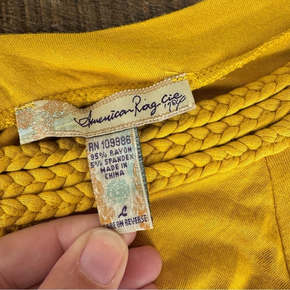 American Rag Mustard Yellow Smocked Boho Top L 3/4 Sleeve V-Neck Blouse - Picture 3 of 8